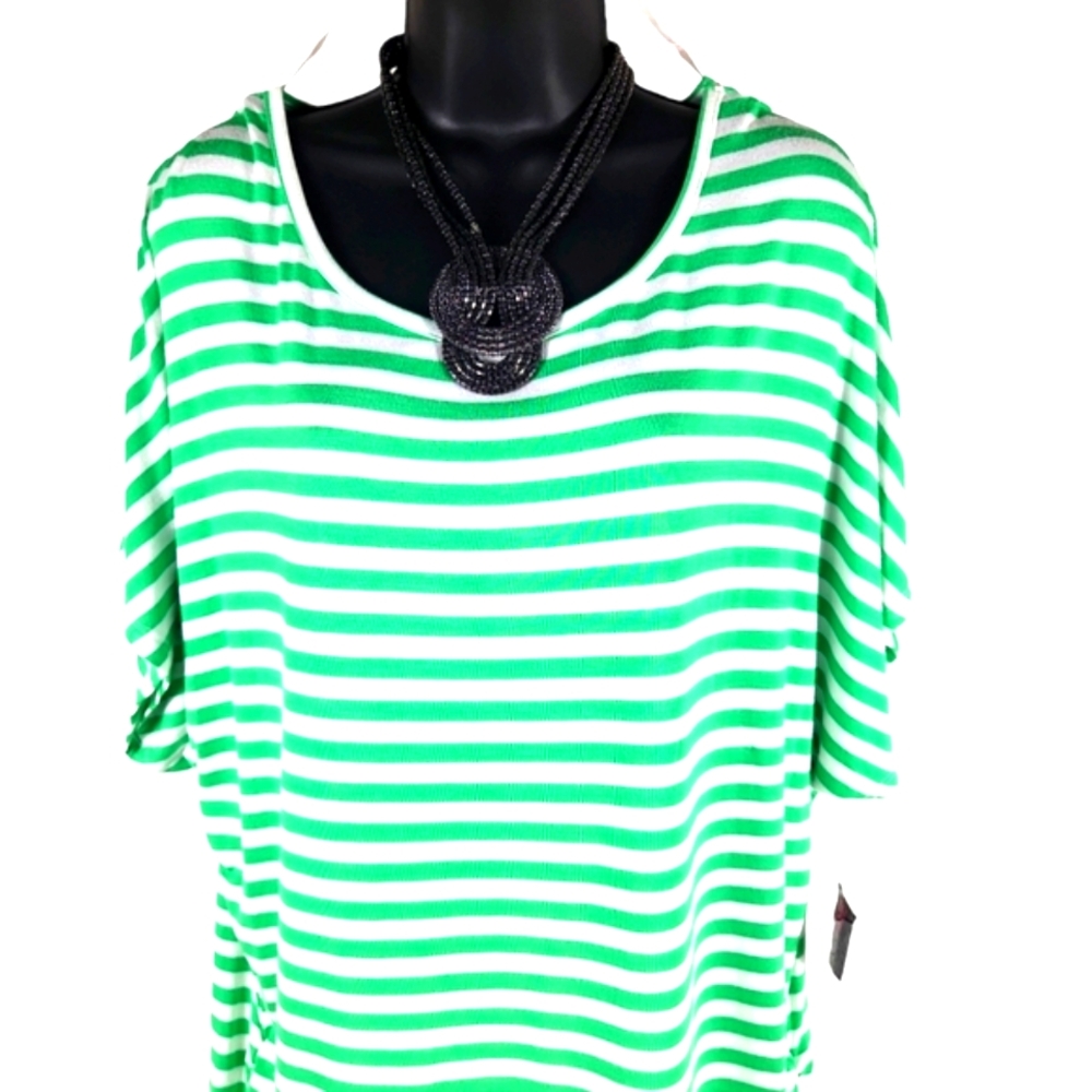 JW Style, Women's Irish Grn/white stripe top, short sleeves, round neck,Sz 16-18